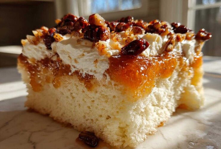 A moist slice of butter pecan praline poke cake topped with whipped cream, caramel sauce, and chopped pecans.