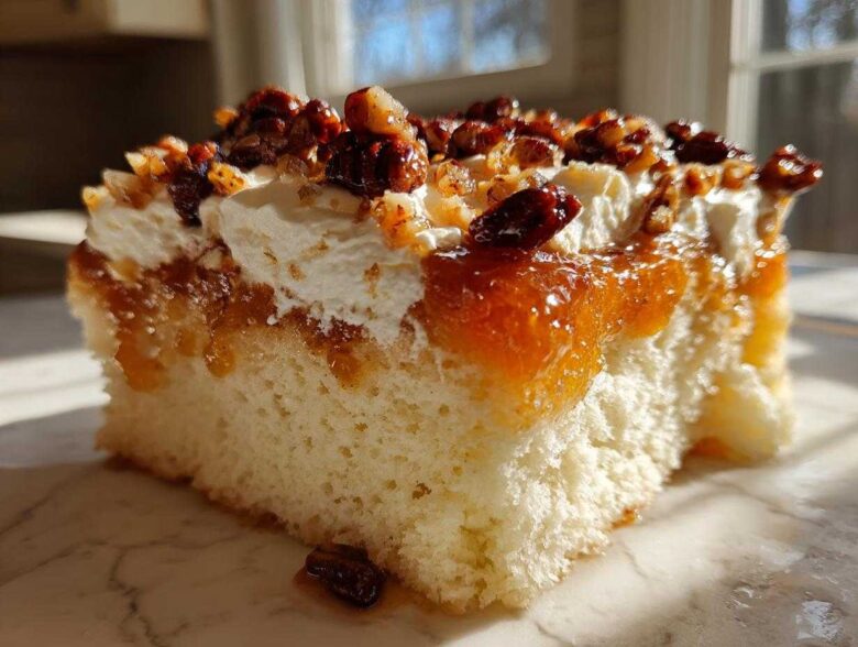 A moist slice of butter pecan praline poke cake topped with whipped cream, caramel sauce, and chopped pecans.