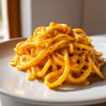 A plate of spaghetti coated in rich, vibrant orange butternut squash pasta sauce, topped with black pepper.