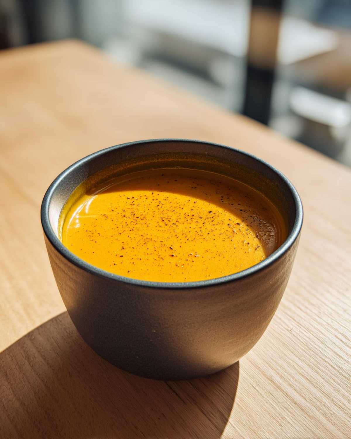 A close-up of vibrant orange butternut squash soup, seasoned with pepper, served in a dark bowl on a wooden table.