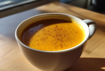 A vibrant orange cup of creamy butternut squash soup, sprinkled with pepper, sitting on a wooden table in sunlight.