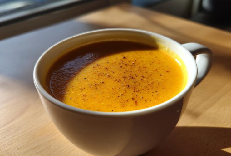 A vibrant orange cup of creamy butternut squash soup, sprinkled with pepper, sitting on a wooden table in sunlight.