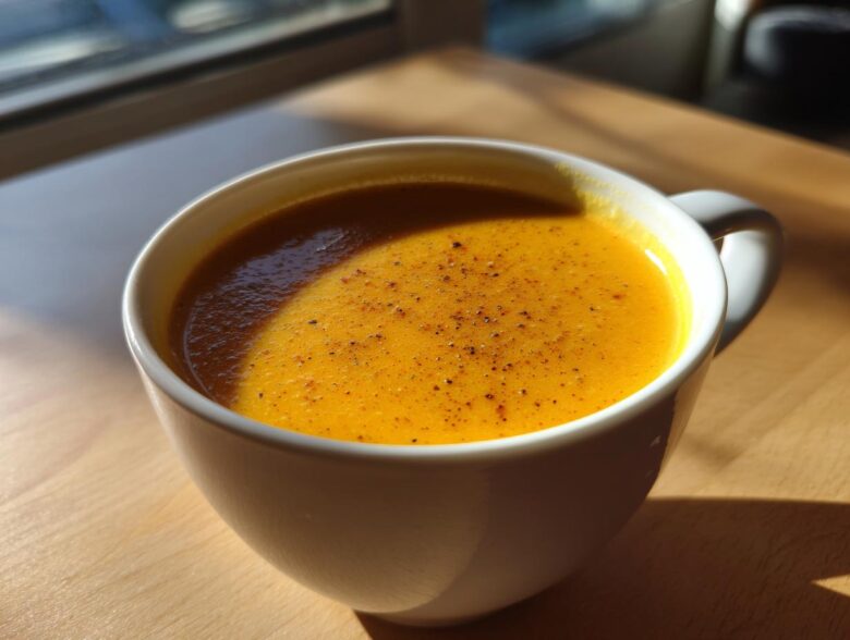A vibrant orange cup of creamy butternut squash soup, sprinkled with pepper, sitting on a wooden table in sunlight.