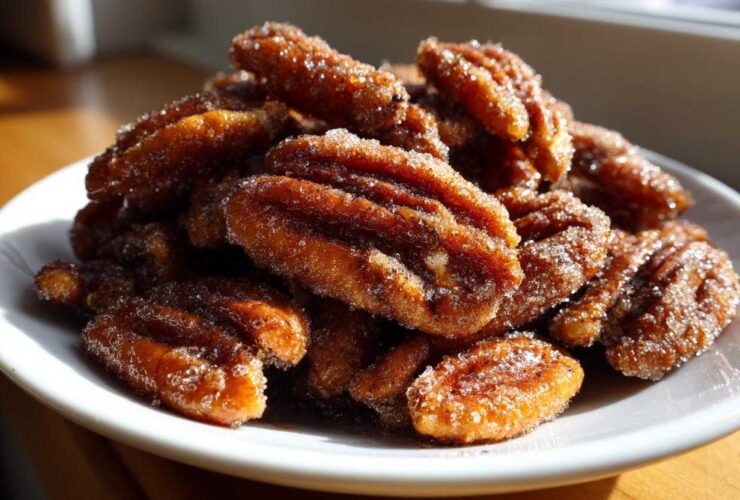 A close-up pile of freshly made candied pecans recipe nuts coated in sparkling sugar, served on a white plate.