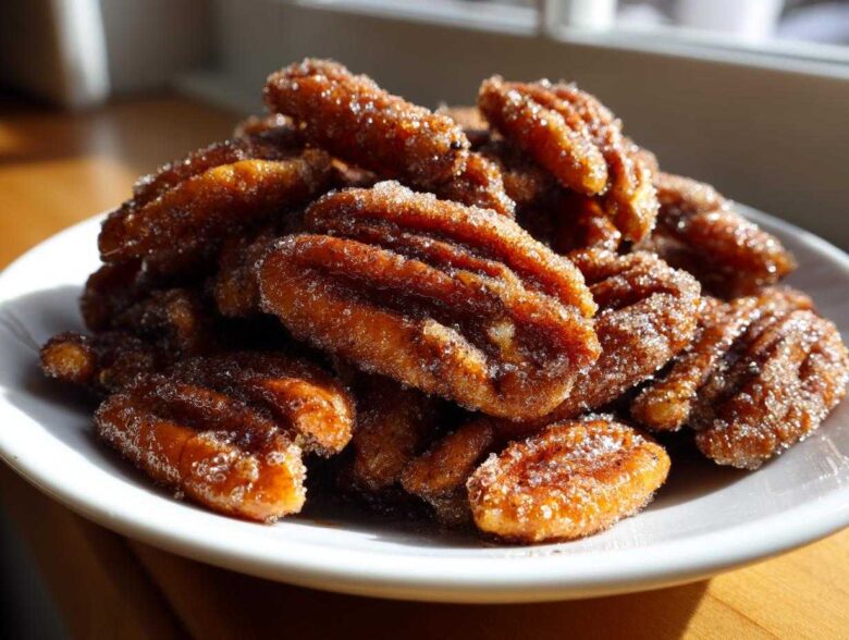 A close-up pile of freshly made candied pecans recipe nuts coated in sparkling sugar, served on a white plate.