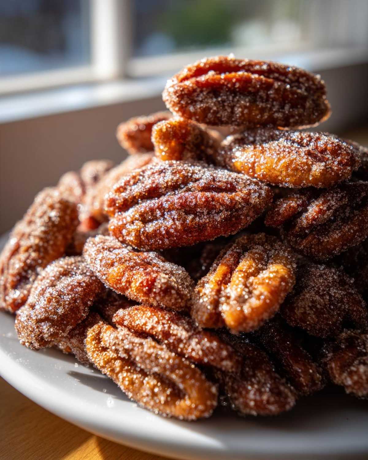 A close-up pile of freshly made candied pecans recipe nuts coated heavily in sparkling sugar crystals.