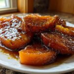 A close-up shot of thick slices of glistening candied yams coated in a rich, dark brown syrup on a white plate.