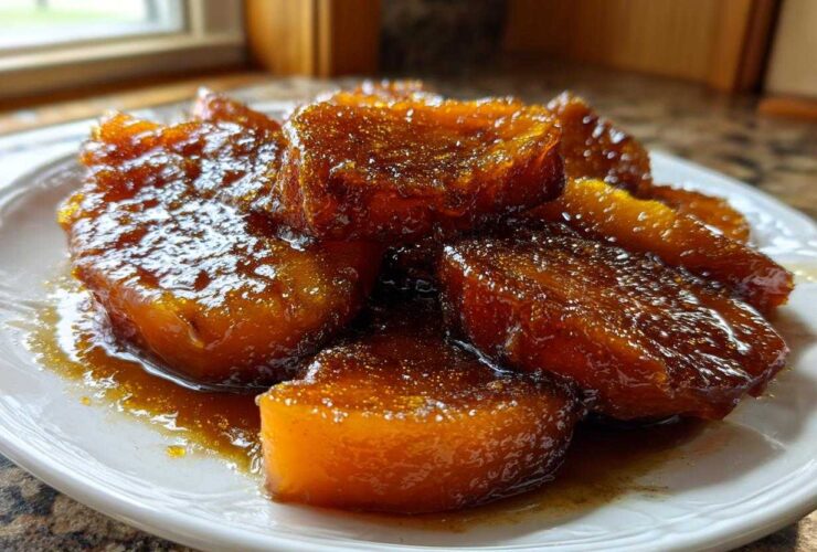 A close-up shot of thick slices of glistening candied yams coated in a rich, dark brown syrup on a white plate.