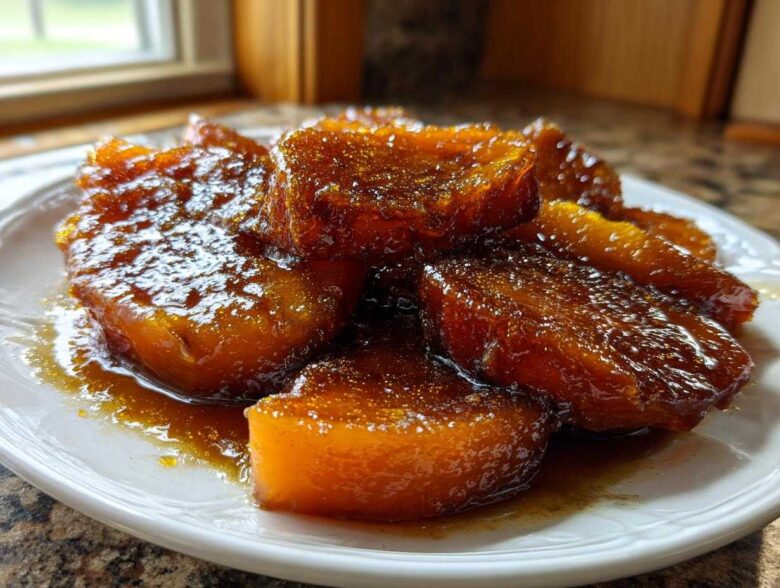 A close-up shot of thick slices of glistening candied yams coated in a rich, dark brown syrup on a white plate.