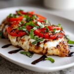Close-up of a grilled Caprese chicken breast topped with melted mozzarella, sliced tomatoes, fresh basil, and balsamic glaze.