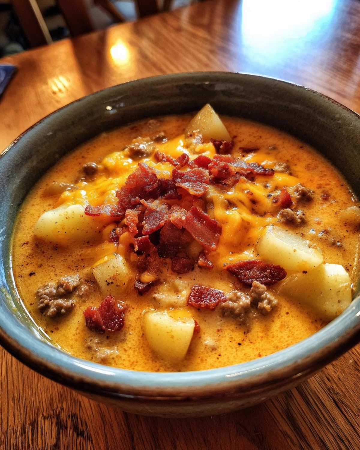 A close-up of a bowl of rich, orange cheeseburger soup recipe featuring chunks of potato, ground beef, melted cheddar, and crispy bacon.