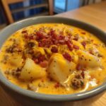 Close-up of a bowl of creamy cheeseburger soup recipe, featuring potatoes, ground beef, melted cheese, and crumbled bacon.