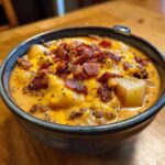 A close-up of a bowl of creamy cheeseburger soup recipe, loaded with ground beef, potatoes, melted cheese, and crispy bacon bits.