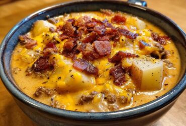 A close-up of a bowl of creamy cheeseburger soup recipe, loaded with ground beef, potatoes, melted cheese, and crispy bacon bits.