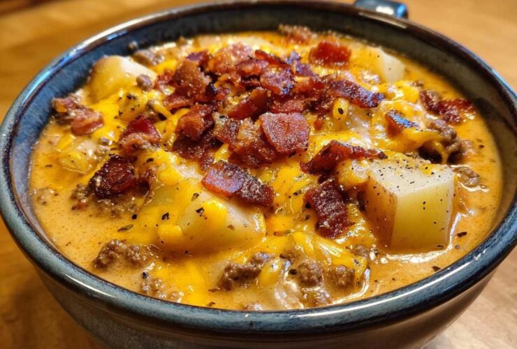 A close-up of a bowl of creamy cheeseburger soup recipe, loaded with ground beef, potatoes, melted cheese, and crispy bacon bits.