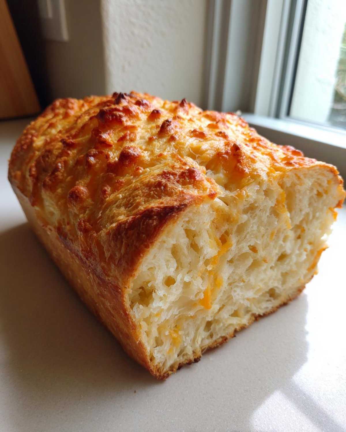 A loaf of golden-brown, cheesy beer bread with a slice cut off showing the soft interior.