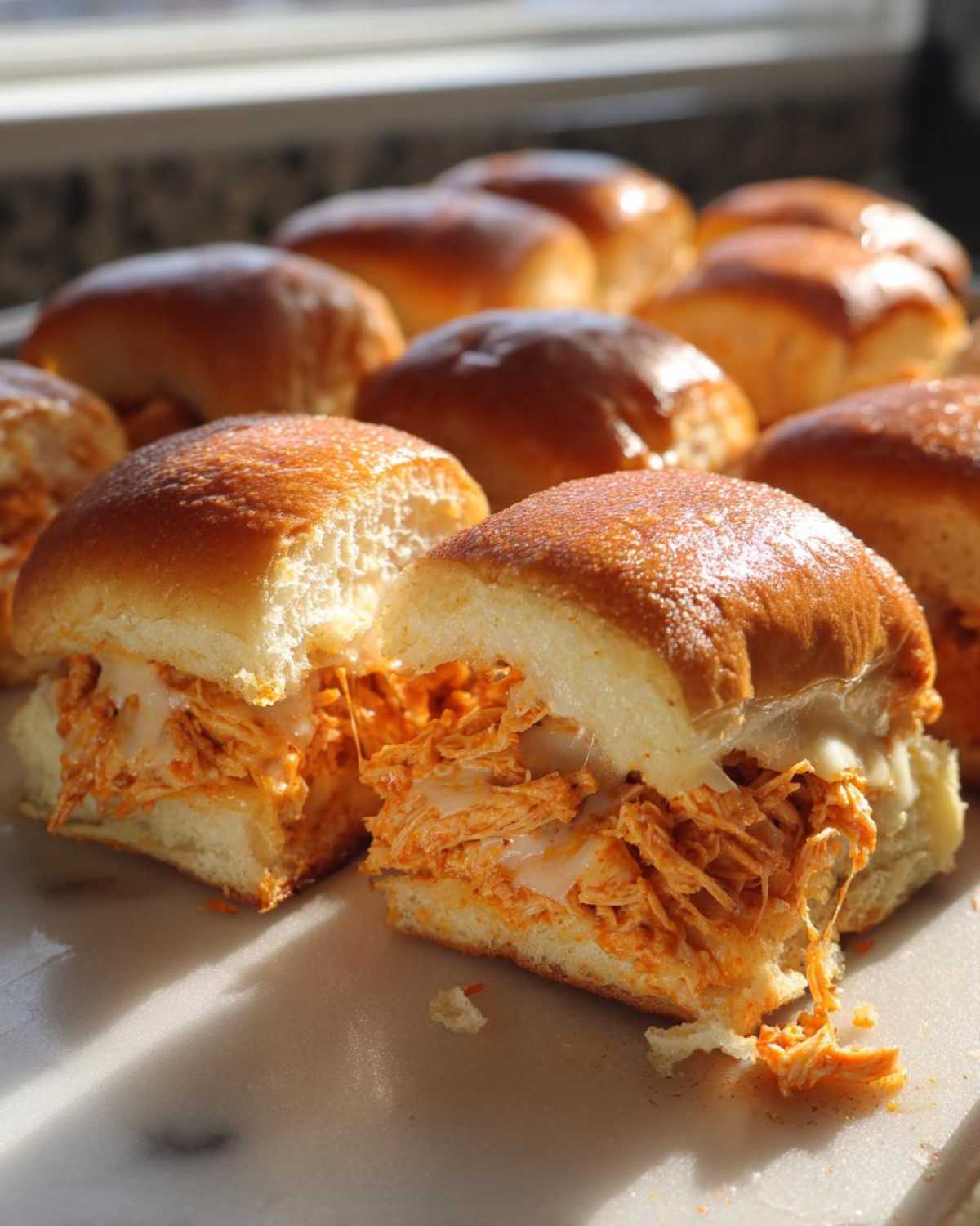 A close-up of a halved buffalo chicken slider showing shredded, saucy chicken and melted white cheese, with more sliders in the background.