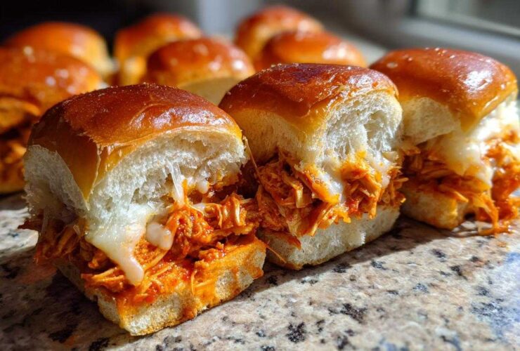 Close-up of two cheesy buffalo chicken sliders with shredded orange chicken filling spilling out of soft, golden buns.