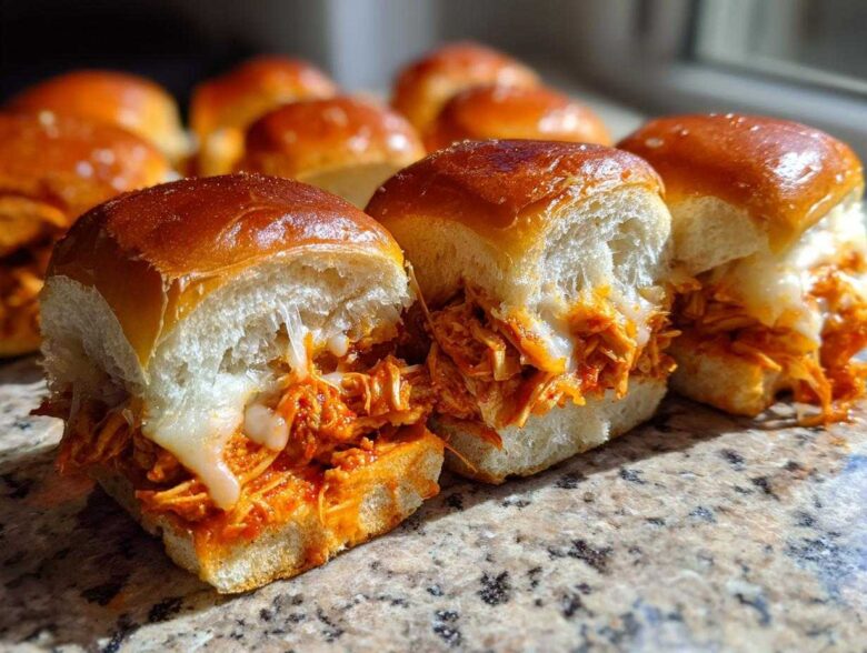 Close-up of two cheesy buffalo chicken sliders with shredded orange chicken filling spilling out of soft, golden buns.