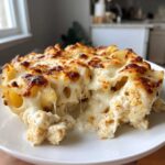 Close-up of a serving of baked chicken alfredo stuffed shells with gooey, melted, and browned cheese.