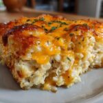 A close-up of a serving of savory chicken and rice casserole with a golden, melted cheese topping.