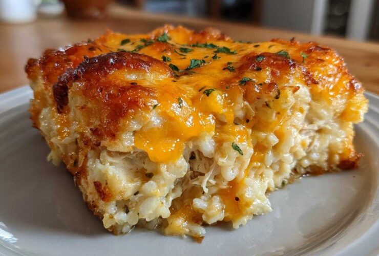 A close-up of a serving of savory chicken and rice casserole with a golden, melted cheese topping.