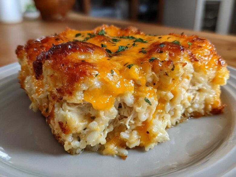 A close-up of a serving of savory chicken and rice casserole with a golden, melted cheese topping.