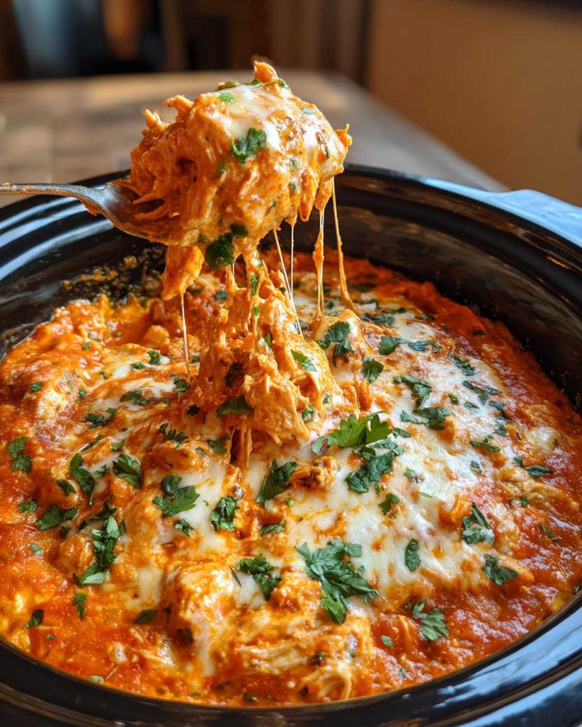 A spoonful of hot, cheesy chicken enchilada dip is lifted from a black slow cooker, showing long cheese pulls.