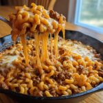 A spoonful of cheesy, saucy homemade hamburger helper being lifted from a cast iron skillet.