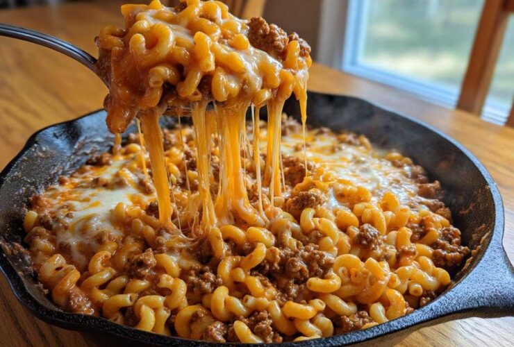 A spoonful of cheesy, saucy homemade hamburger helper being lifted from a cast iron skillet.