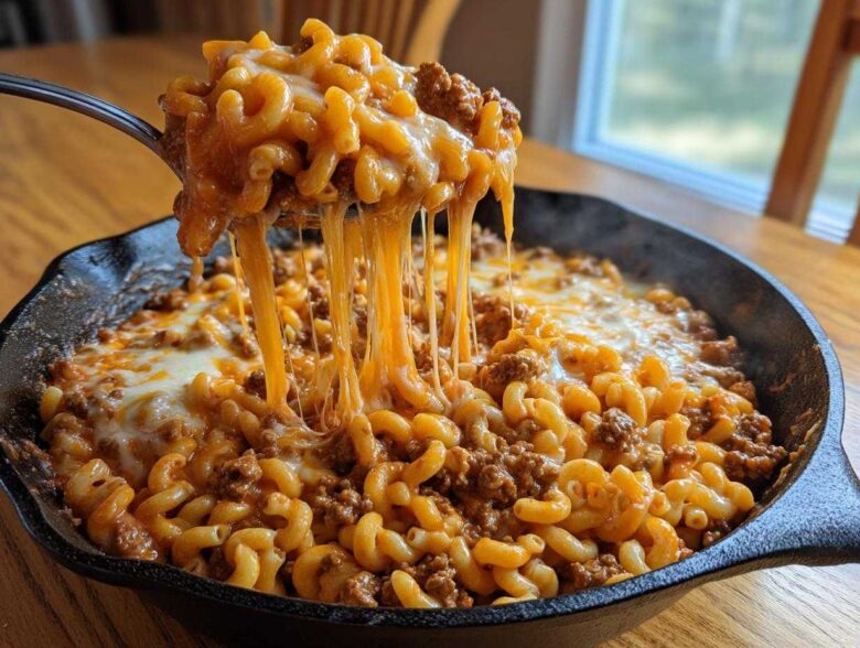 A spoonful of cheesy, saucy homemade hamburger helper being lifted from a cast iron skillet.
