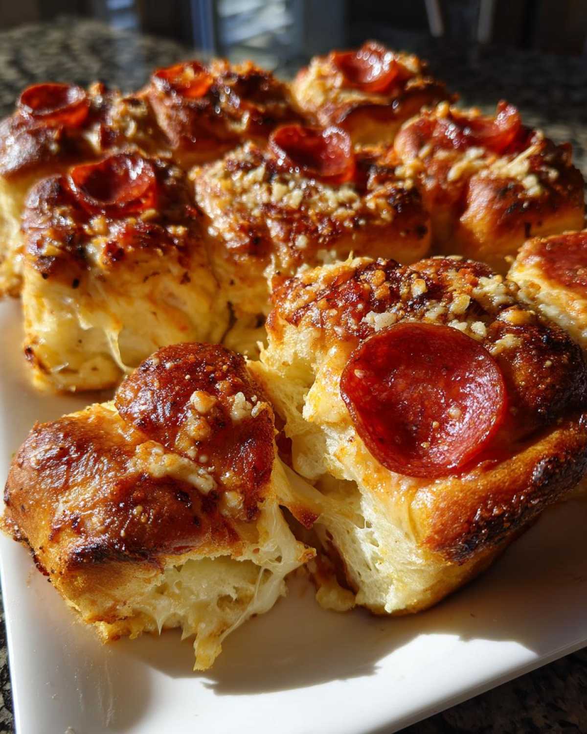 Close-up of baked pizza sliders showing melted cheese stretching as one piece is pulled away from the batch.