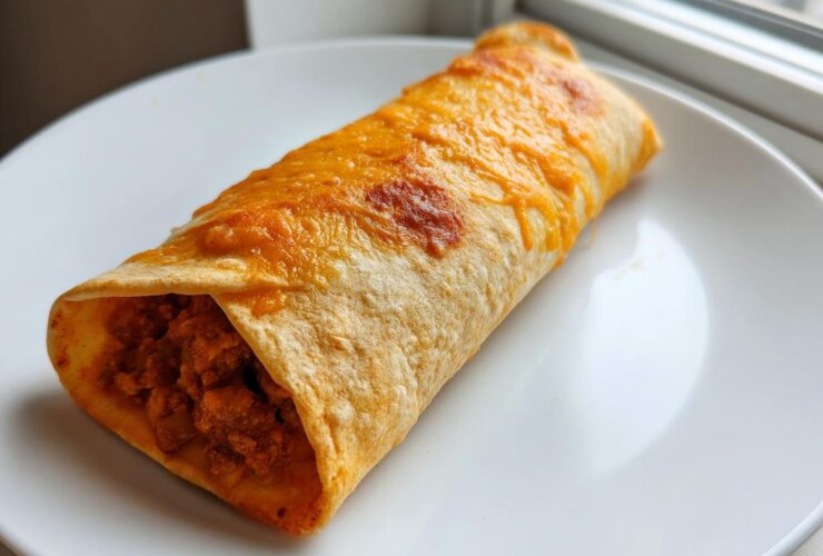 A single baked cheesy pocket tacos, filled with seasoned ground meat, resting on a white plate near a window.