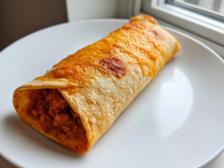 A single baked cheesy pocket tacos, filled with seasoned ground meat, resting on a white plate near a window.