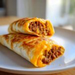 Two halves of cheesy pocket tacos filled with seasoned ground beef and melted orange cheese, resting on a white plate.