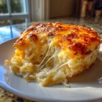 A serving of incredibly cheesy potato casserole showing long, gooey cheese pulls as it is lifted from the plate.