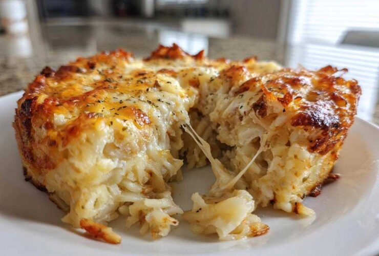 Close-up of a serving of cheesy potato casserole showing a dramatic cheese pull between two pieces.