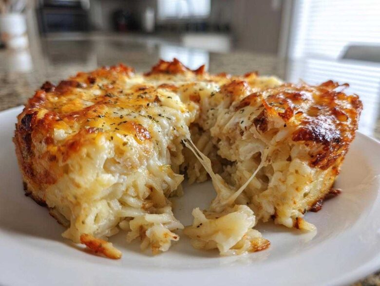 Close-up of a serving of cheesy potato casserole showing a dramatic cheese pull between two pieces.