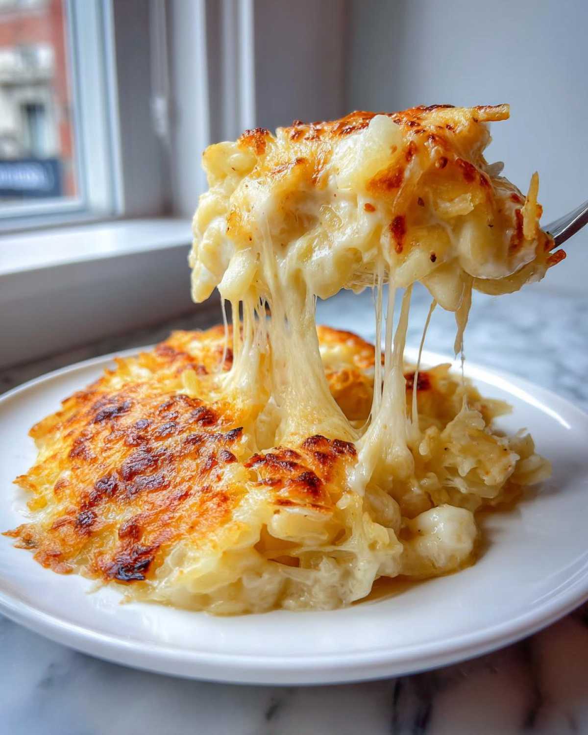 A fork lifts a portion of cheesy potato casserole, showing an incredible, long cheese pull.