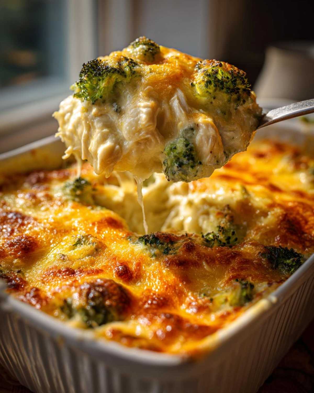 A spoonful of creamy, cheesy Chicken Divan with broccoli being lifted from a baked casserole dish.