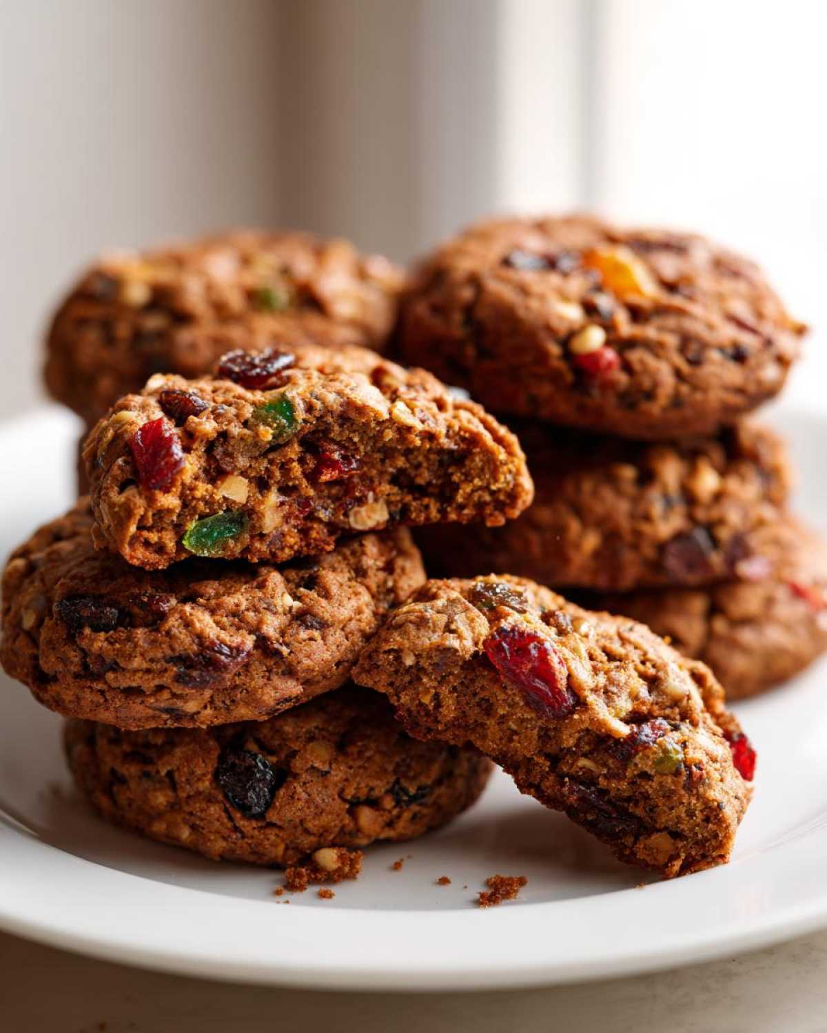 A stack of rich, brown fruitcake cookies filled with candied fruit and nuts, with one cookie broken open.