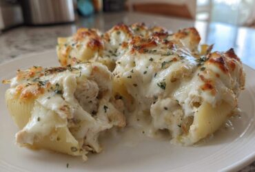 Close-up of baked chicken alfredo stuffed shells overflowing with creamy sauce and melted cheese, sprinkled with parsley.