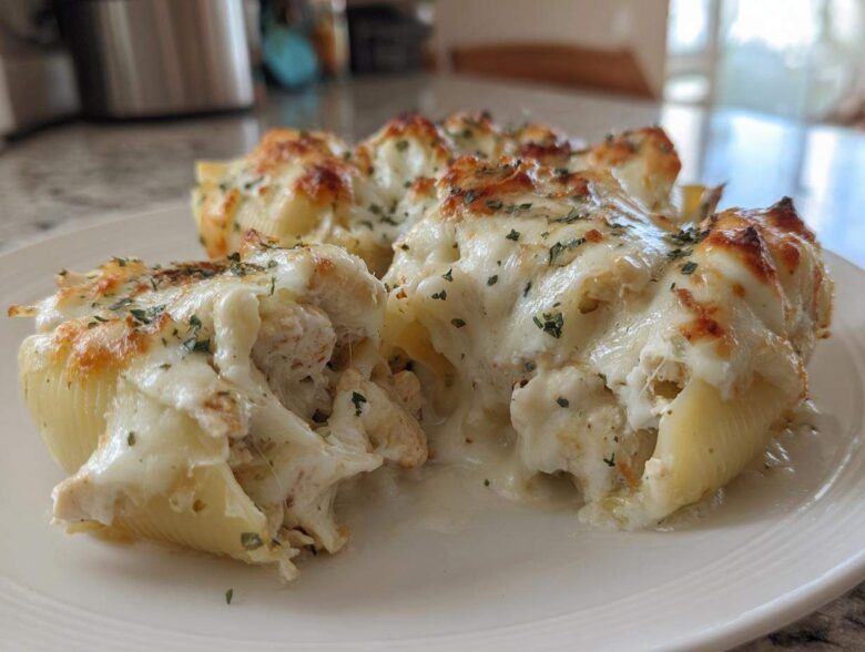 Close-up of baked chicken alfredo stuffed shells overflowing with creamy sauce and melted cheese, sprinkled with parsley.