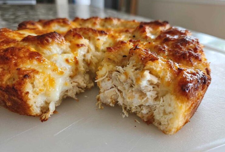 A close-up view of a section cut from the chicken bubble biscuit bake casserole, showing shredded chicken filling and melted cheese.