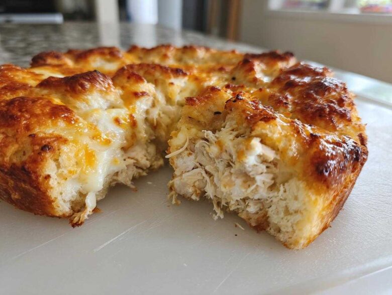 A close-up view of a section cut from the chicken bubble biscuit bake casserole, showing shredded chicken filling and melted cheese.
