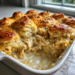 A scoop has been taken out of a creamy chicken bubble biscuit bake casserole, showing shredded chicken filling and golden biscuits.