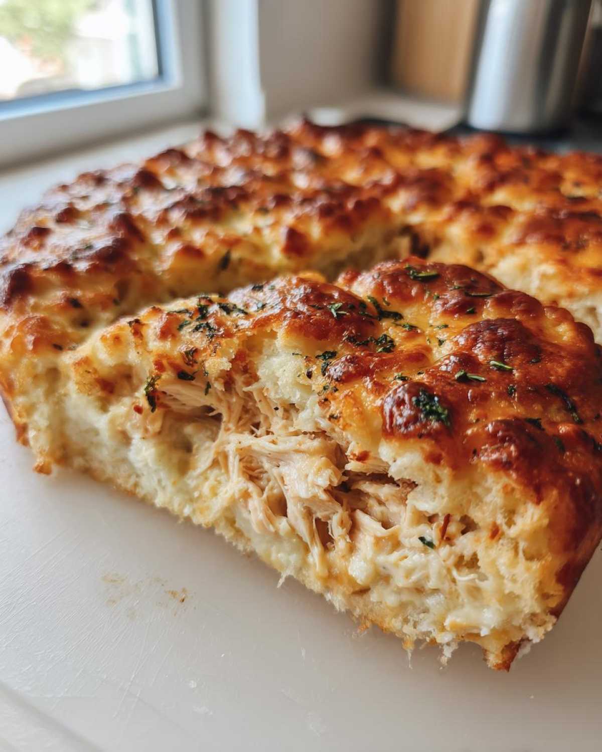 Close-up of a slice of chicken bubble biscuit bake casserole showing shredded chicken filling and a golden, cheesy topping.