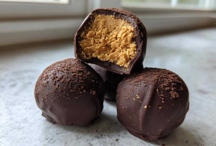 Close-up of three chocolate covered peanut butter balls, one cut in half showing the creamy peanut butter filling.