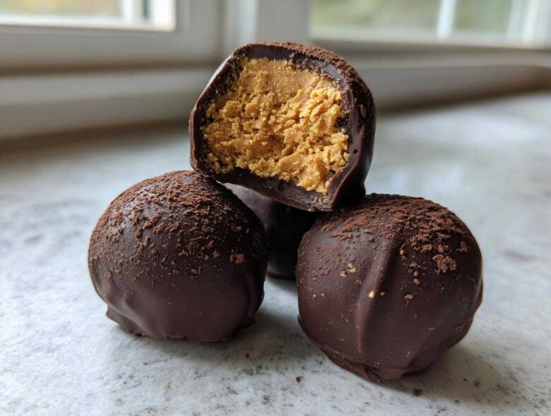 Close-up of three chocolate covered peanut butter balls, one cut in half showing the creamy peanut butter filling.