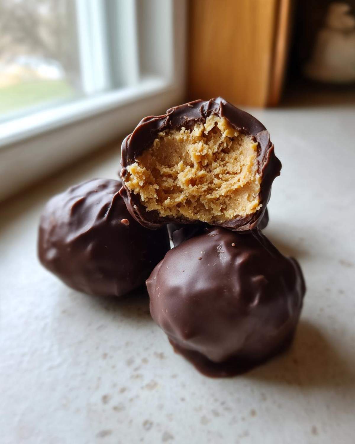 A stack of chocolate-covered peanut butter balls, with one cut open revealing the creamy peanut butter filling.